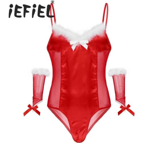 Mens Gay Sissy Mesh Satin Bodysuit Christmas Xmas Cosplay Costumes Feather Trimming Jumpsuits Leotard Romper with Oversleeve