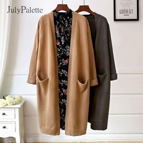 JulyPalette Solid Cardigan Sweater 2021 Fall Winter Mid-Length Ladies Knit Coats Casual Women Long Length Pockets Knit Sweater