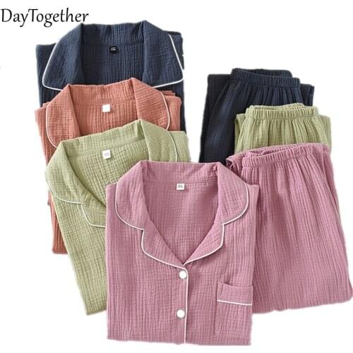 Couple Pajama Sets Double-layer Cotton Soft Breathable Long-sleeved Home Pants Sleepwear Pyjama Sets
