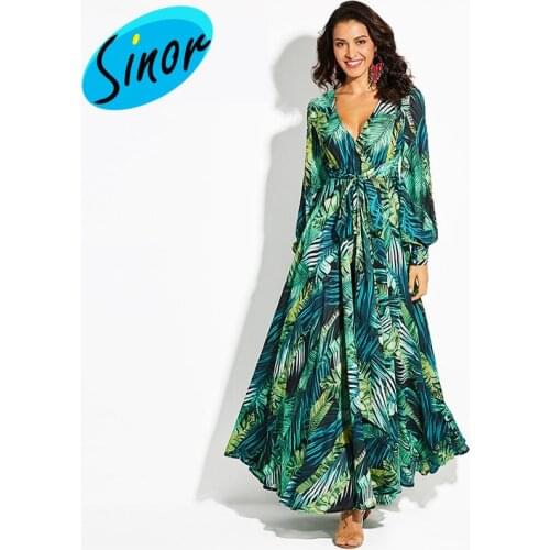 Lantern sleeve V-neck green leaf print dress banquet dress long skirt a generation banquet dress