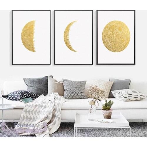 Gold Moon Three Phases Canvas Poster Minimalist Wall Art Abstract Luna Painting Full Moon Half Moon New Moon Pictures