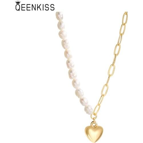 QEENKISS NC755 Fine Jewelry Wholesale Fashion Trendy Woman Birthday Wedding Gift Asymmetric Heart 18KT Gold Pendant Necklace
