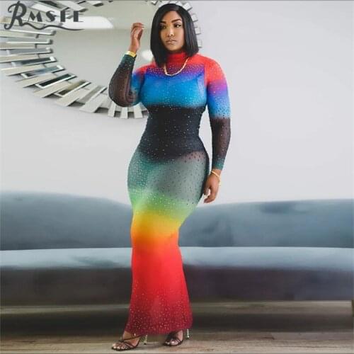 RMSFE 2021 Womens Long Sleeve Fashion Color Halo Dyed Half High Collar Ironed Diamond Dress Long Skirt + Vest Dress