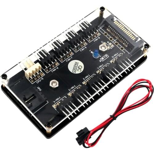 Chassis CPU Fan 10 Way 12V 3/4 Pin PWM Fan Hub Controller with PMMA Case and Magnetic Standoff Power From SATA Power