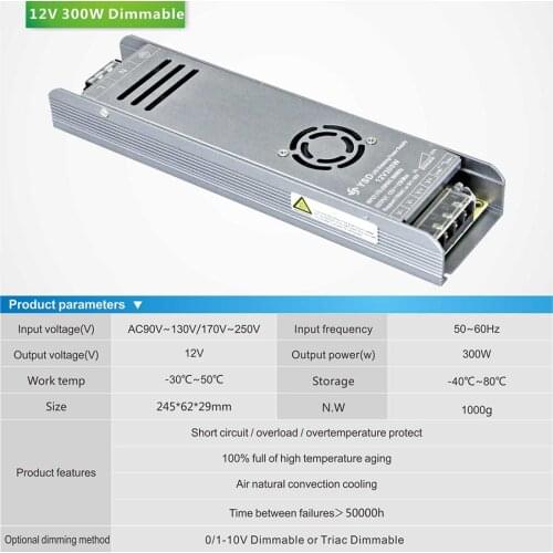 Triac & 0-10V dimmable DC power supply for led strip light DC 12Vdc 25A DC 24V 12.25A 300w lighting transformer