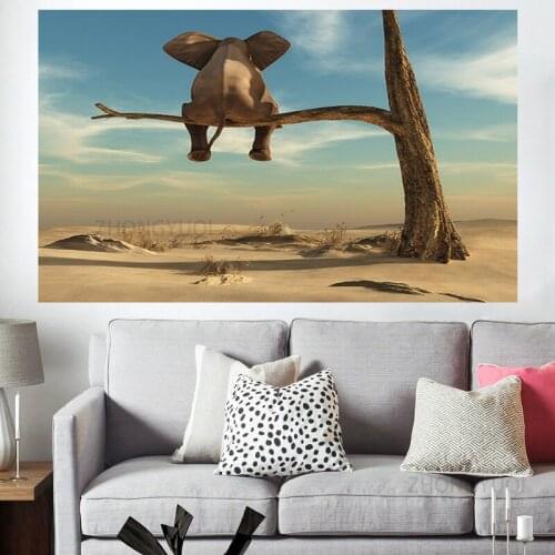 Funny Little Elephant on Tree Modern Canvas Painting Wall Art Animal Pictures Nordic Posters and Prints for Kids Room Home Decor
