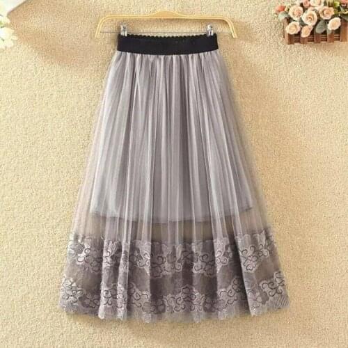 2021 Fall Mesh Lace Long Skirts for Women Korean Solid Half See Through High Waist Plus Size Mid-Calf Gray Skirt mujer faldas XL