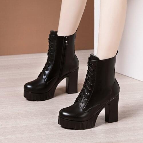 Big Size 32-43 Block Heel Platform Shoes Women Ankle Boots Fall Winter 2021 High Heels Boots Ladies Leather Short Fur Booties