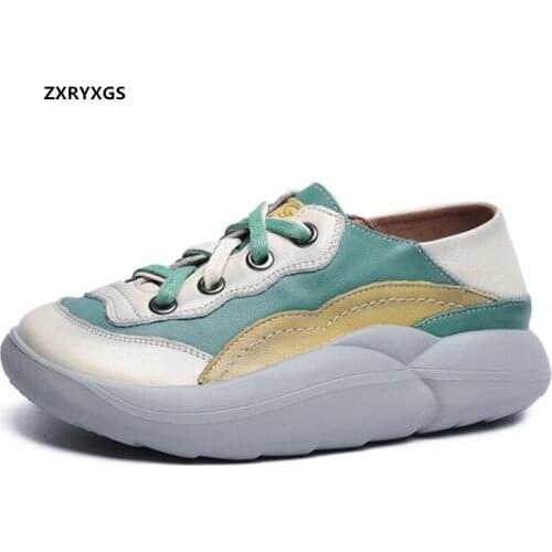 2021 New Lace-up Spell Color 100% Natural Genuine Leather Shoes Women Sneakers Elegance Comfort Fashion Shoes Casual Trend Shoes