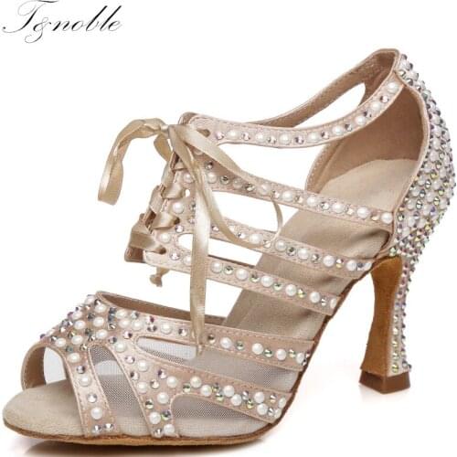 Women Top Heels Latin Dance Shoes Rhinestone Salsa Ballroom Dancing Rubber Sole Lace-Ups For Ladies Party Sandals L433