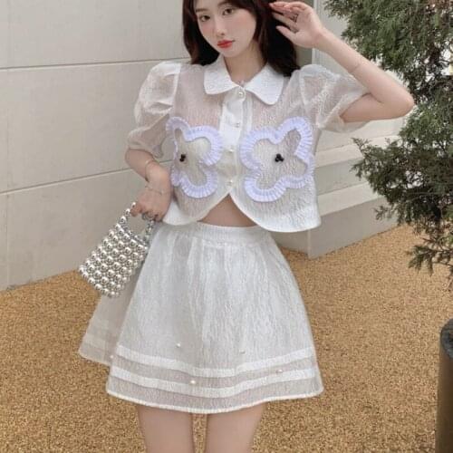 Korean Sweet Small Fragrant Two Piece Set Women Puff Sleeve Shirt Crop Top + High Waist Skirts Sets Fashion Casual 2 Piece Suits