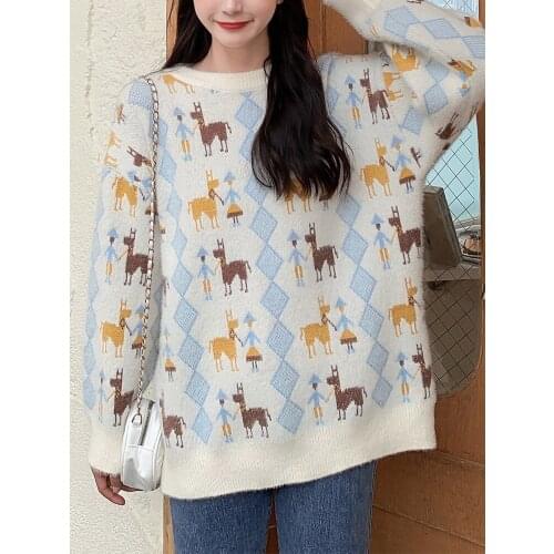 Korean Style Loose Knitted Animal Picture Embroidery Warm Sweaters Women Color Patchwork Women Sweaters And Pullovers 2 Colors