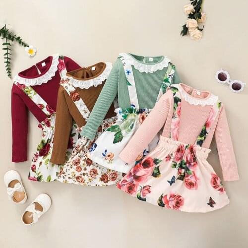 New Fashion Children Girls Lace Top Floral Skirt Kids Girls 2Pcs Outfits Toddlers Spring Autumn Fall Clothing