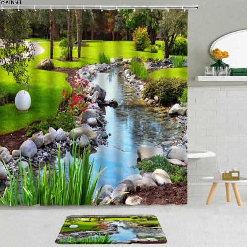 2Pcs Chinese Style Garden Landscape Shower Curtain Forest Mountain Pavilion Lake Bathroom Non-Slip Bath Mat Curtains Decor Set