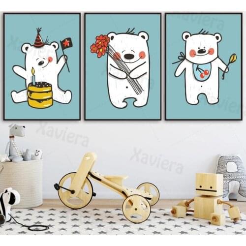 Decor Poster Cartoon Canvas Painting Cute Polar Bear Child Comics Picture Nursery Wall Art Mural Home Decor Baby Boy Girl Room