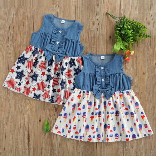 Kids Independence Day Dress, Ice Cream/Star Print Splicing O-Neck Frilled Jumper Skirt for Girls, 1-6 Years