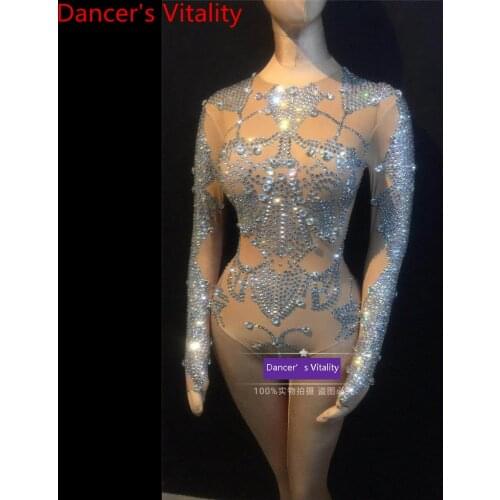 DJ Women Singer Sexy False Perspective Diamond Stretch High Split Short Leotard Pole Jazz Dancing Party Performance Costume