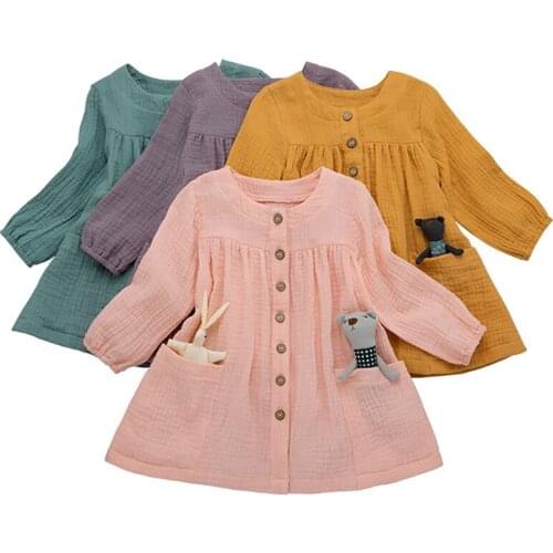Girls Ruffles Cotton Linen Dress Long Sleeve Solid Clothing for Autumn Spring Kids Solid Soft wear Child Casual Draped Vestido