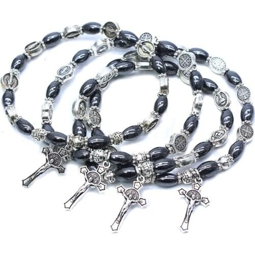 Christian Icon Black Stone Beads Catholic Crucifix INRI Cross Saint Benedict Virgin Rosary Bracelet Religious Prayer Jewelry