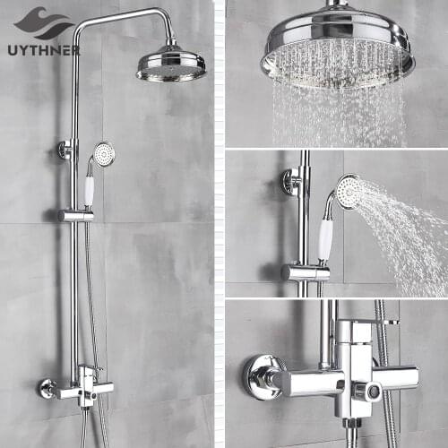 Chrome Shower Faucet Bath Shower Mixer Tap 8" Rainfall Shower head Bath Shower Set W/ Hand Shower Bathtub Faucet Wall Mounted