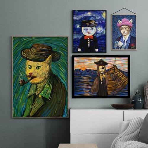 Cat Van Gogh Modern Art Cartoon Posters And Prints Canvas Painting Wall Pictures For Living Room Kids Bedroom Cuadros Decor
