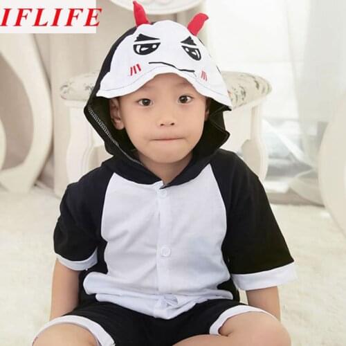Anime Demon Cosplay Costume Kids Kigurumis Boy Girl Sleep Suit Summer Cotton Short Sleeve Cartoon Animal Onesies Hoodie Pajama