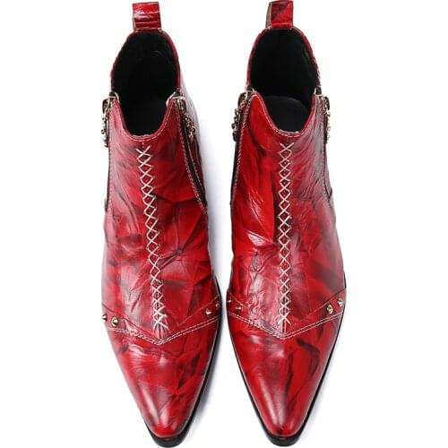 Autumn Red high-Top Trendy Party Dress Shoes Men Ankle Boots British Mens Pointed Toe Genuine Leather Short Boots Western Boots