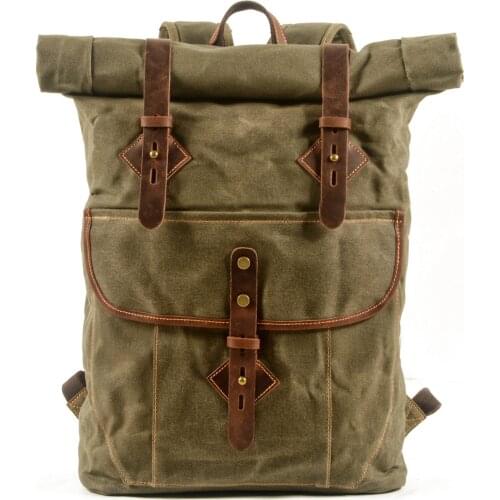 Mens American Retro Roll-Top Backpack Oil wax canvas with cowhide backpack Large capacity outdoor hiking bag