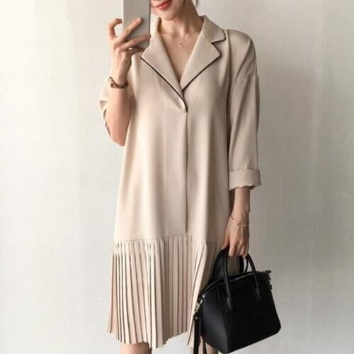 GOOHOJIO New 2020 Spring Summer Women Dresses Vintage Notched Patchwork Fashionable Loose Elegant Pleated Midi Dresses