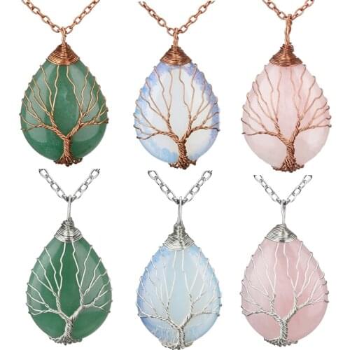 Natural Quartz Opal Stone Pendants Handmade Rose Gold Color Handmade Tree of Life Wrapped Drop Shaped Crystal Pendant Necklace