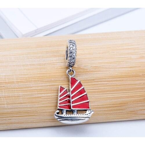 Authentic S925 Silver Bead fit Pandora Bracelet Bangle Enamel Chinese Junk Ship Pendant Charms For Women DIY Jewelry