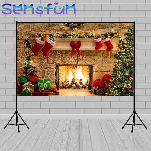 Christmas Fireplace Backdrop Interior Vintage Xmas Tree Stockings Photography Background Portrait Photo Studio Party Decoration