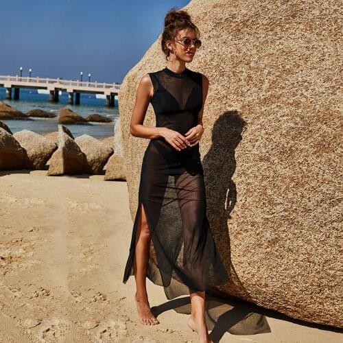 Sexy Black See Through Swimsuit Cover Up Beach Maxi Dress for Women Hot Girls Side Slit Sheer Bathing Suit Bikini Cover Ups