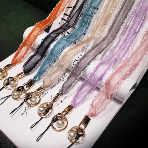 Flower Wave Lace Mesh Phone Lanyard for iphone huawei samsung redmi oneplus Camera Pearl Pedant Hanging Rope Strap of ID Card