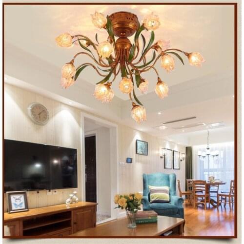 Glass Flowers Green Leaves Wrought Iron Ceiling Lights European Garden Artistic Ceiling Lighting Living Room Art Deco Lamp