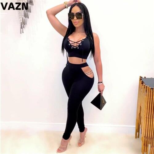 VAZN 2020 Hot Special Sexy Night Club Hollow Out Open Solid Fashion Bikini Top Group Long Pants Slim Women 2 Piece Set