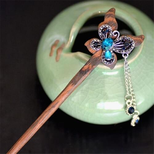 Vintage Hand-carved Butterfly Wedding Hair Jewelry Antique Wood Hair Sticks Hairpins Flower Hair Fork Hairwear For Bridal Women