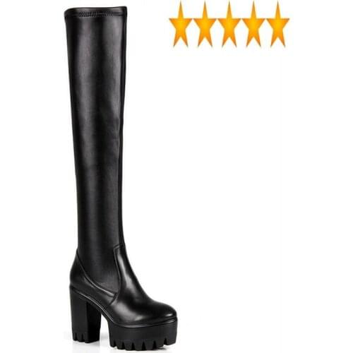 Liner Stretch High Heel Fleece Womens Over the Knee Genuine Leather Round Toe Thick Bottom Platform Female New Long Boots