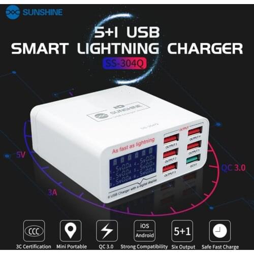 SS-304Q 6 Port LCD USB Charger 2.4A Fast Charging Support Intelligence QC 3.0 Compatibility For IPAD/iPhone HUAWEI XIAOMI VIVO