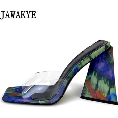 Printed Women Block Heels Runway Party Mules Clear PVC Square Toe Chunky Heel Slippers Outdoor Dress 10.5CM Gladiator Sandals