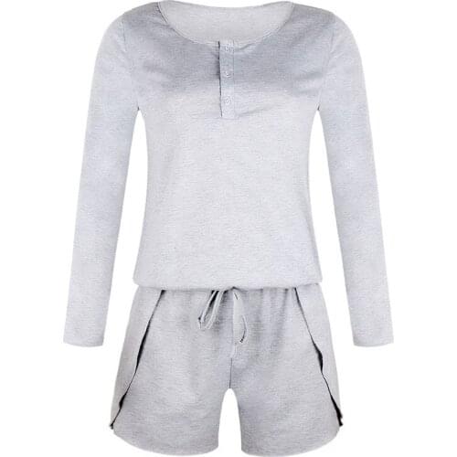 Womens Jumpsuit Solid Color Long-sleeved Round Collar Shirts with Short Pants Khaki Grey Green Blue Simple Female Playsuits