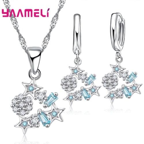 Top Brand 925 Sterling Silver Drop Earring Pendant Necklaces Cubic Zirconia Star Jewelry Sets For Women Birthday Wedding Bijoux