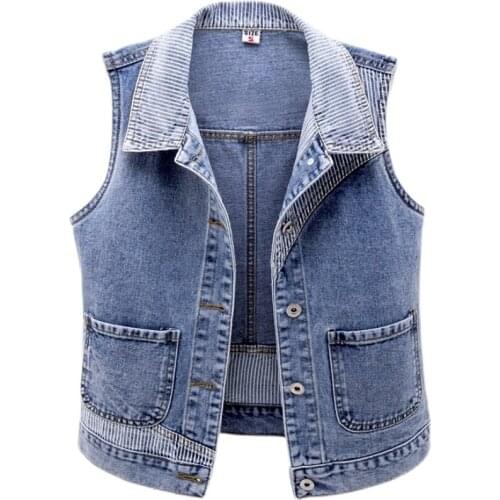 2021 Spring Plus Size 3XL Vintage Denim Vest Women Short Wild Stripe Splicing Slim Sleeveless Jacket Female Waistcoat Tops G755