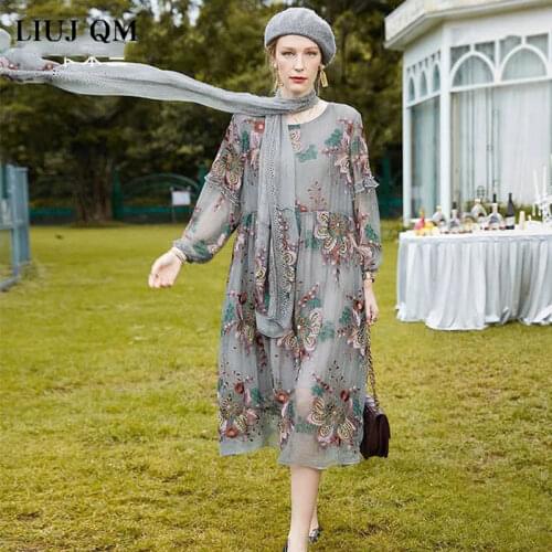 4XL Plus size Dress Spring Summer Womens 2021 Elegant Mesh Flower Lace Dress Long Sleeve Embroidered Long Dresses for Women