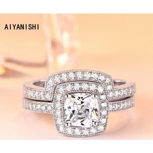 AIYANISHI 925 Sterling Silver Wedding Ring Set 1ct Cushion Finger Ring Set for Women Silver Engagement Bridal Band Rings Jewelry