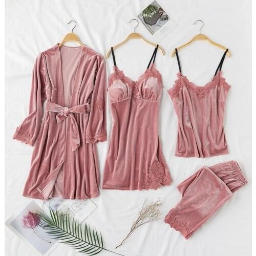 4 Pieces (Robe+Pants+Camisole+Nightgown)Women Robe pajamas Set Autumn&Winter New Velour Sleepwear Nightwear Badgown Homewear