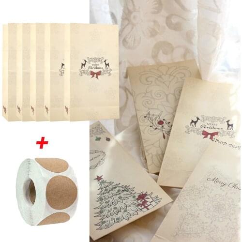 5pcs Christmas Gift Bags +1 Roll 500 Labels Stickers Party Candy Bags Xmas Decor Storage Bread Seen Snack Baking Bag