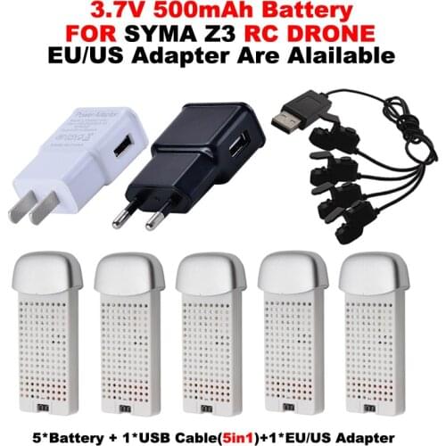 SYMA Z3 RC Helicopter Spare Parts 5PCS 3.7V 500mAh 5 Battery +1USB charger Cable(5IN1)+1 EU Adapter RC Drone Accessory