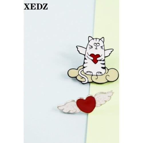 Angel cat wings love enamel pin cute wings cat cloud sky lucky cartoon animal badge shirt lapel brooch jewelry gift to friends