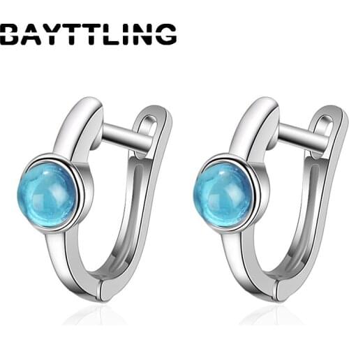 BAYTTLING 925 Sterling Silver Mini Blue Zircon Hoop Earrings For Woman Glamour Party Gift Jewelry